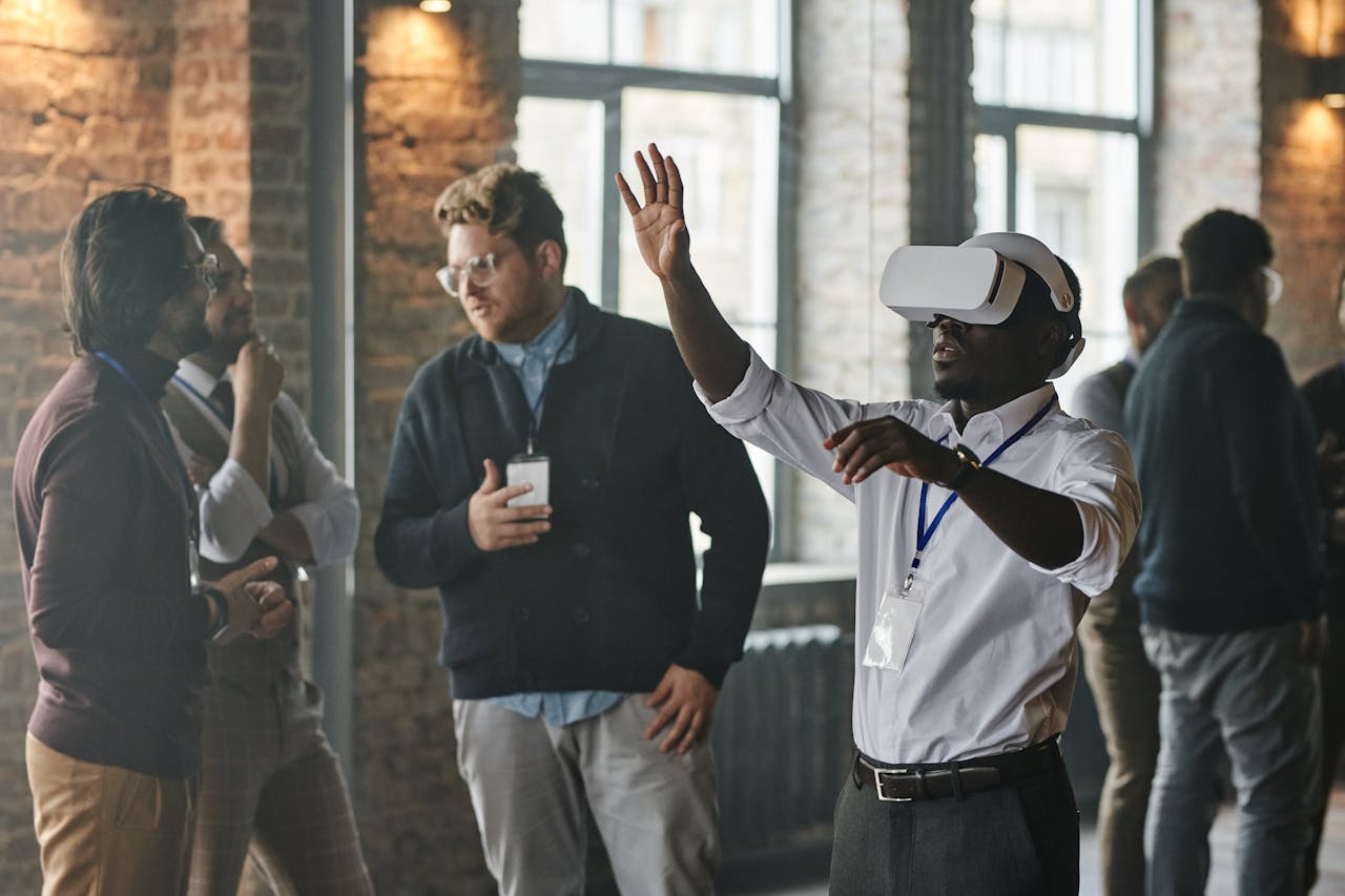 A diverse group of professionals engaging in a business setting, featuring virtual reality technology.